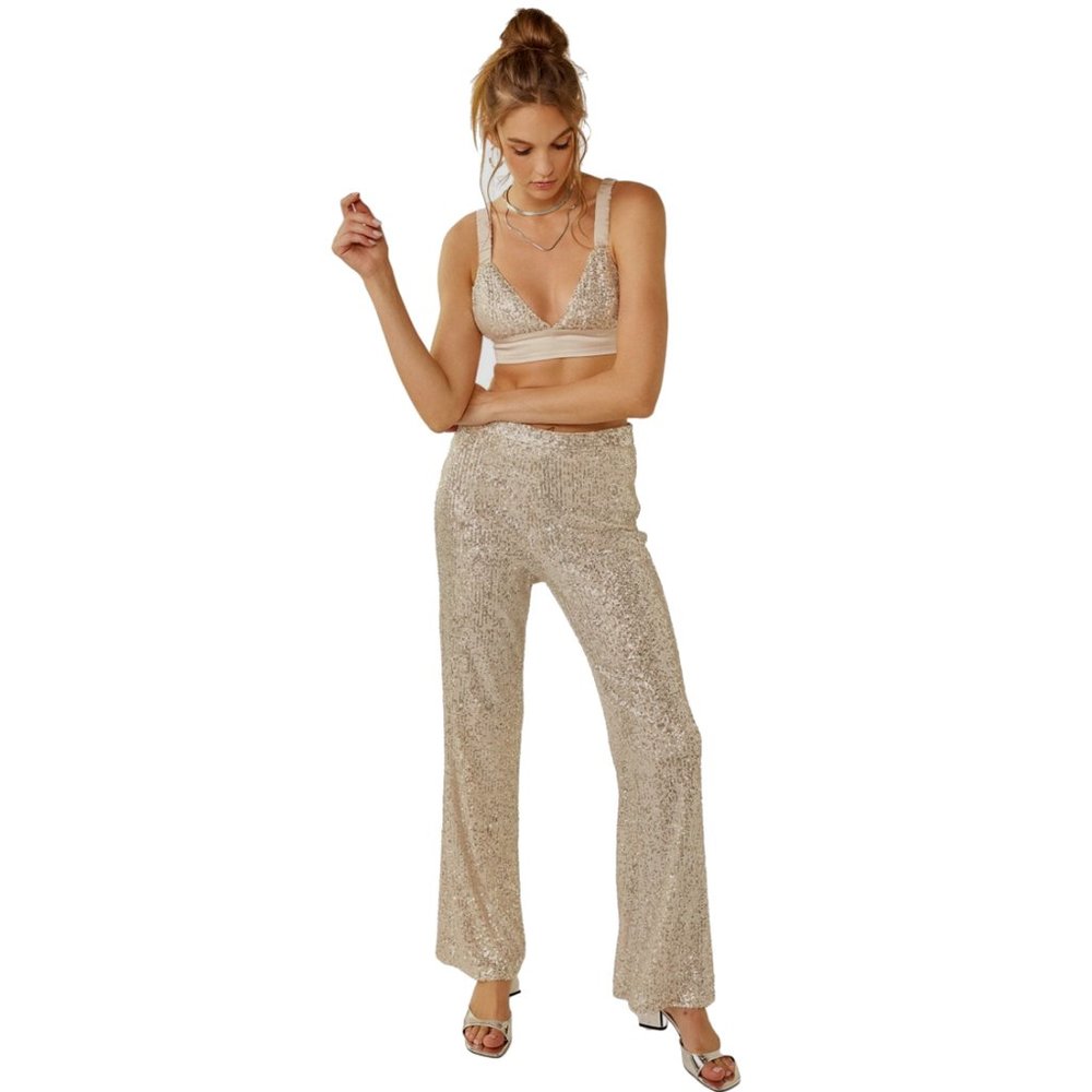 NWT Womens Size Large Cable & Gauge Silver Sequin Pull On Wide-Leg Sparkle Pants